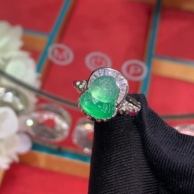 S925银镶嵌两用款天然绿玉髓宝宝如来吊坠戒指小众玉石百搭款戒圈