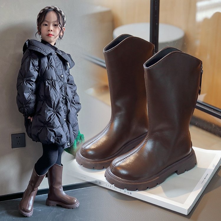 回力瑞女童鞋子儿童马丁长靴子2023冬季新款长筒宝宝高筒黑色皮靴