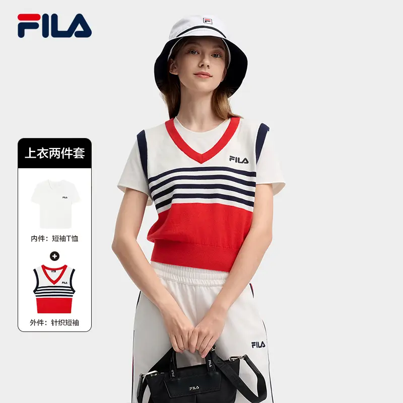 FILA/斐乐女装新品复古时尚百搭条纹针织短袖衫两件套 F11W439109