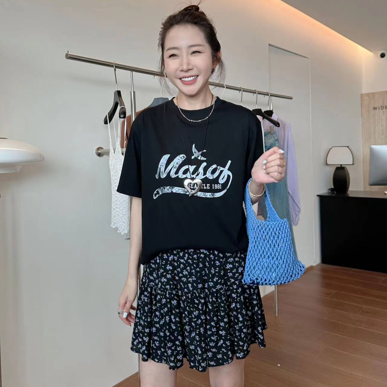 WIDELIA田婧2025夏季新款小众韩版做旧字母印花圆领T恤上衣750223