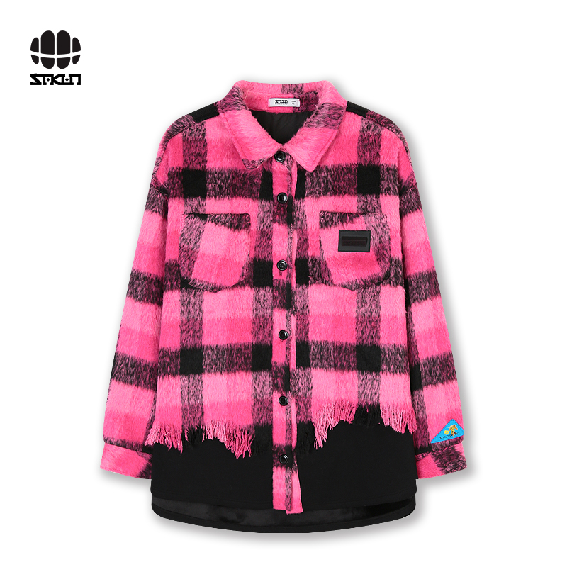 SAKUN拉毛格纹拼接假两件外套3143-1404434