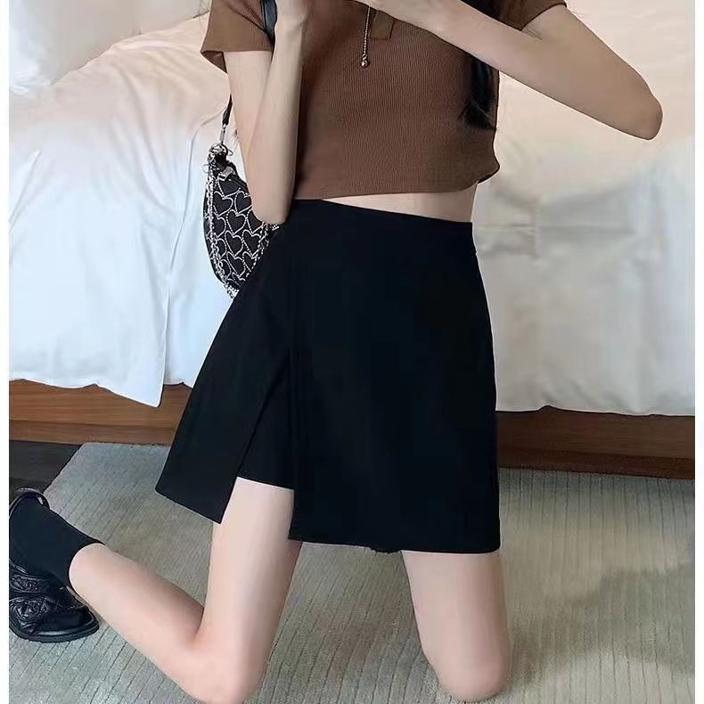 春秋新款高腰百搭时尚A字短裙女黑色开叉不规则西装半身裙防走光