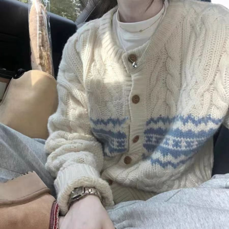 奶呼呼软糯重工复古撞色日系慵懒风宽松麻花开衫毛衣外套女