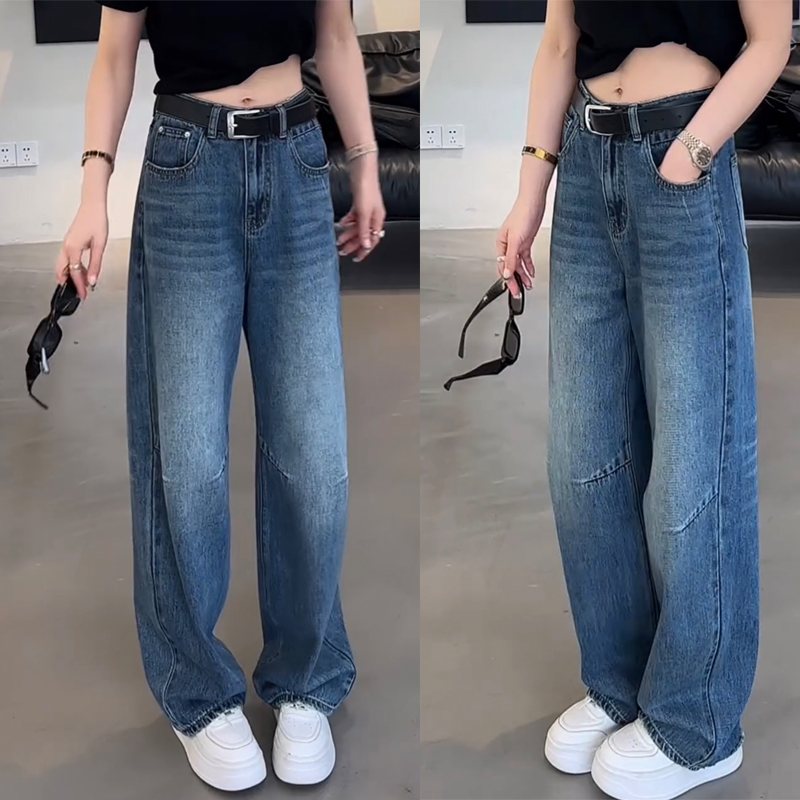 大码直筒阔腿裤女宽松显瘦高腰奶奶香蕉裤蓝色复古拖地垂感牛仔裤