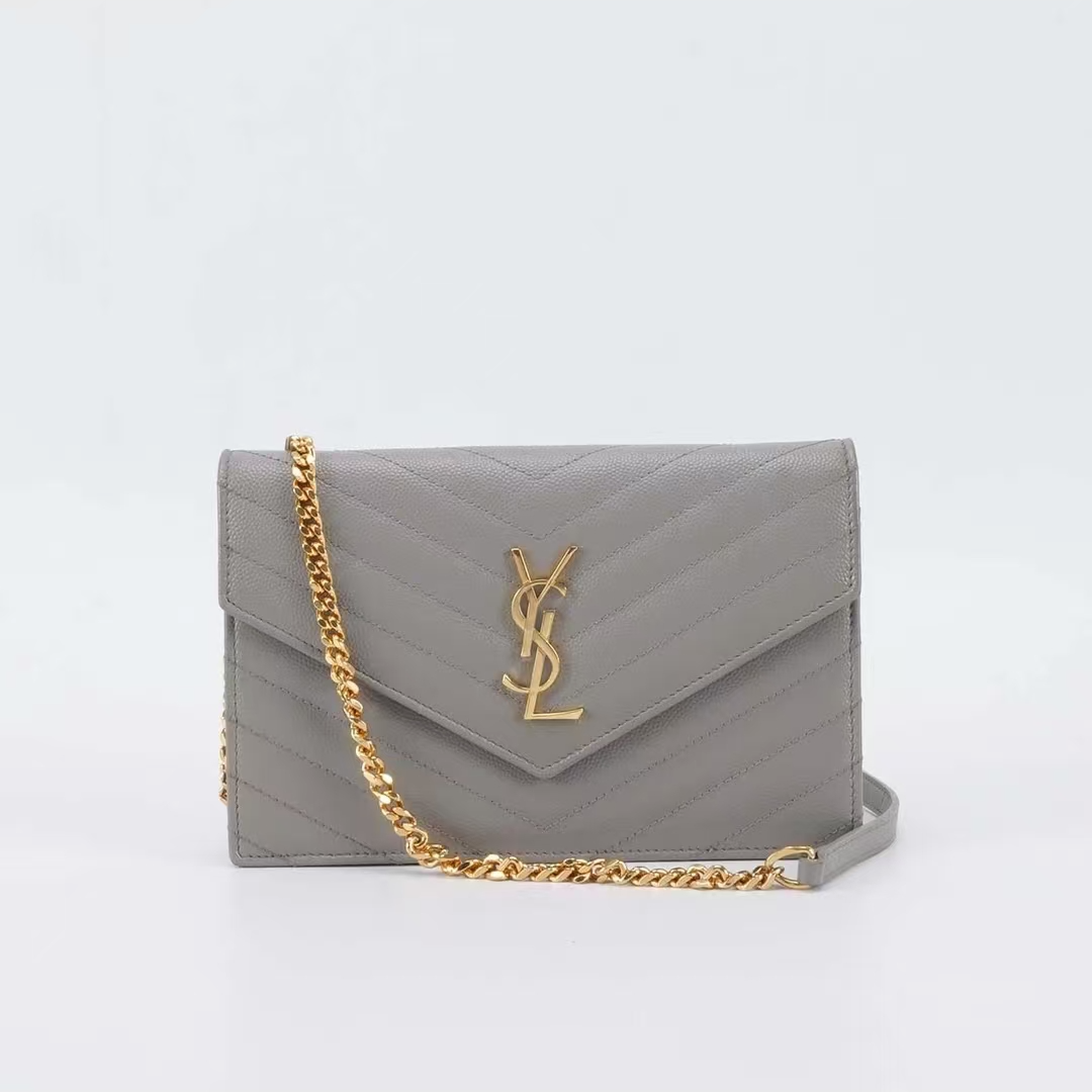 99新 YSL/圣罗兰 灰金信封中号单肩斜挎链条包（甄选）