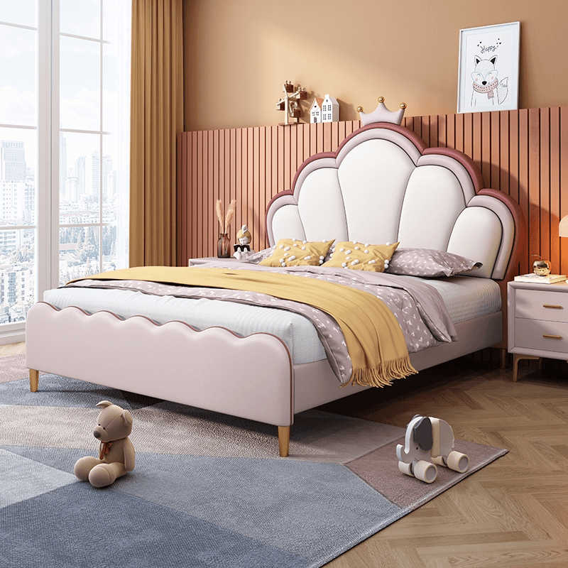 简约公主床软包纳帕皮女孩卧室儿童床女孩皇冠储物真皮床粉色主卧