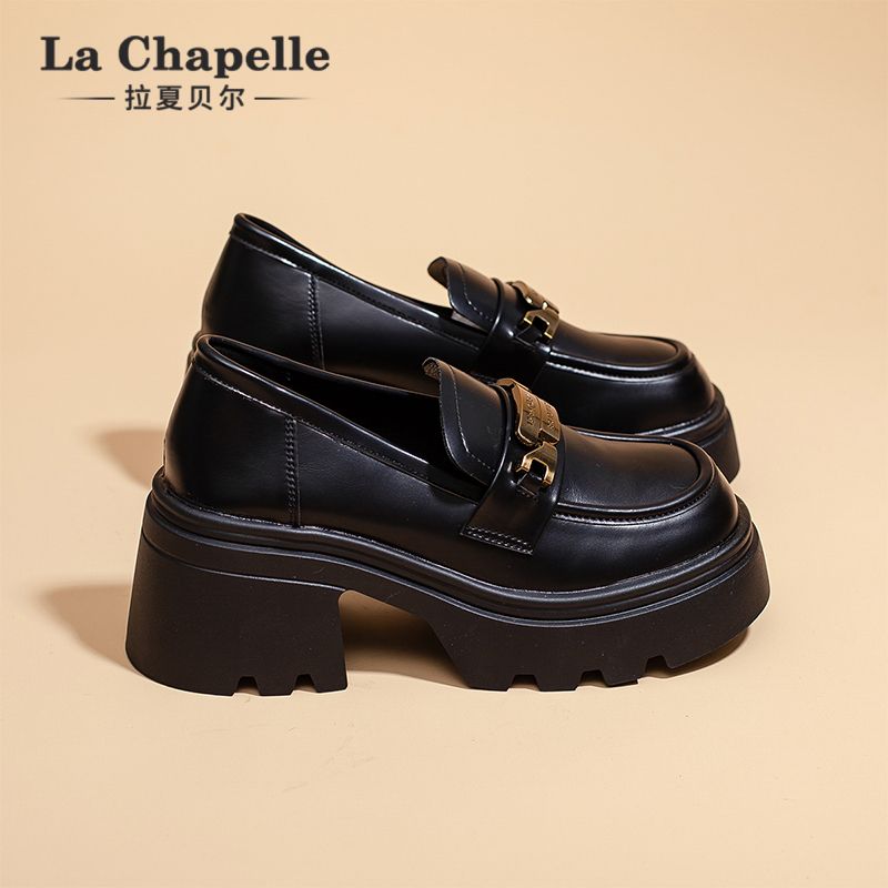 拉夏贝尔厚底乐福鞋女2025春秋季英伦风黑色小皮鞋一脚蹬懒人单鞋