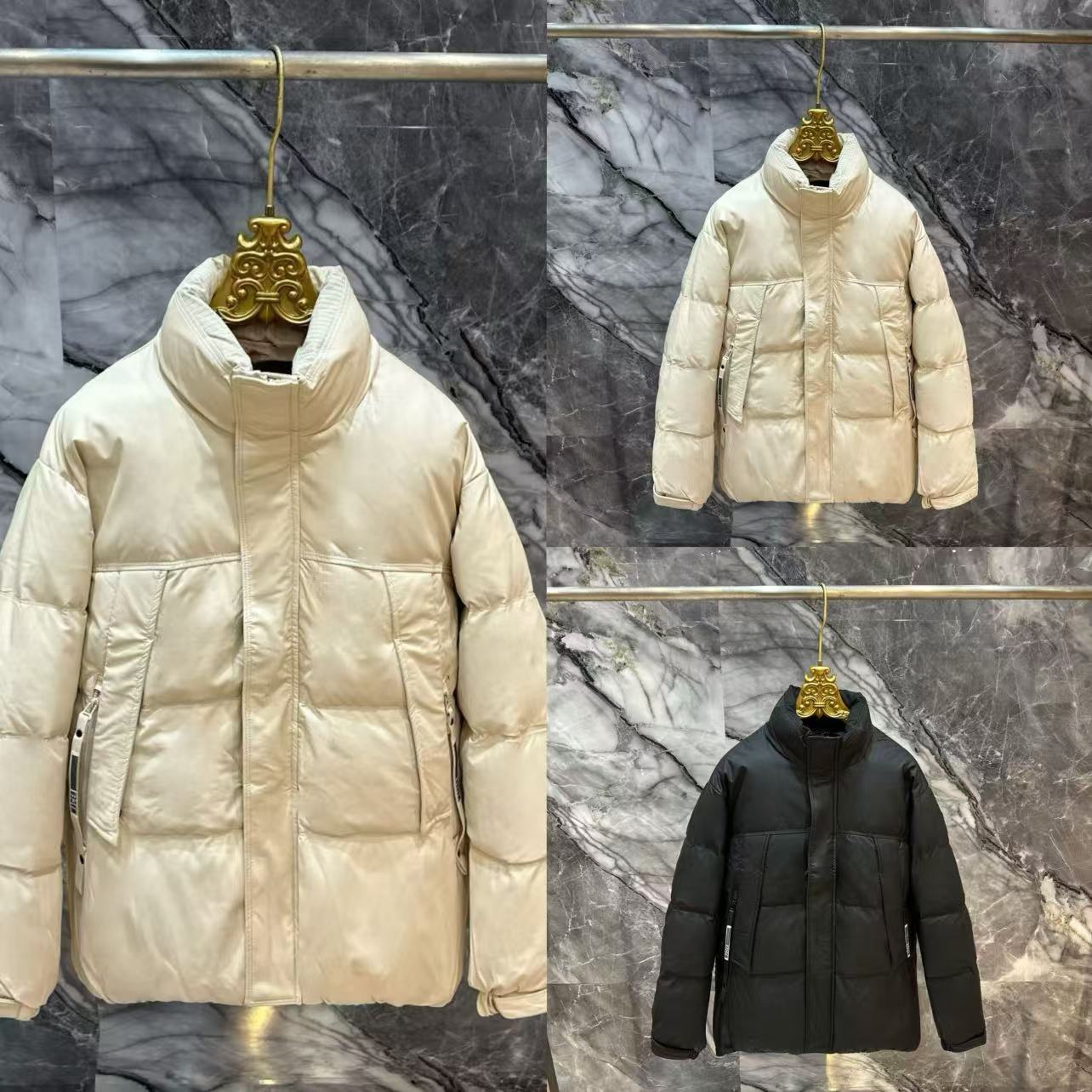 【F】冬季新款做旧工艺立领皮面复古感重工加厚保暖外套23053