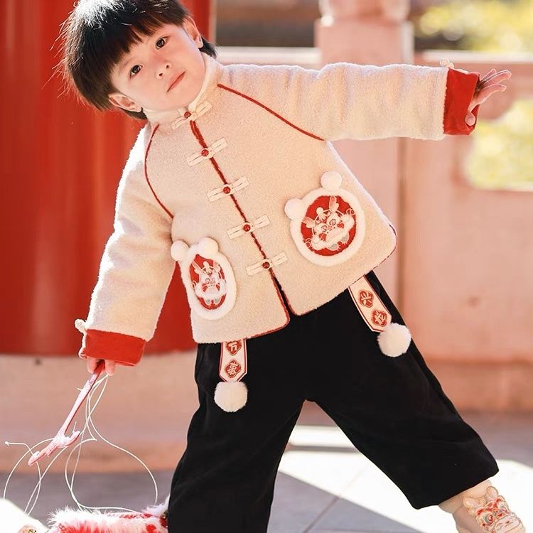 汉服儿童冬装拜年服套装2023新款中国风宝宝过年喜庆加厚两件套潮