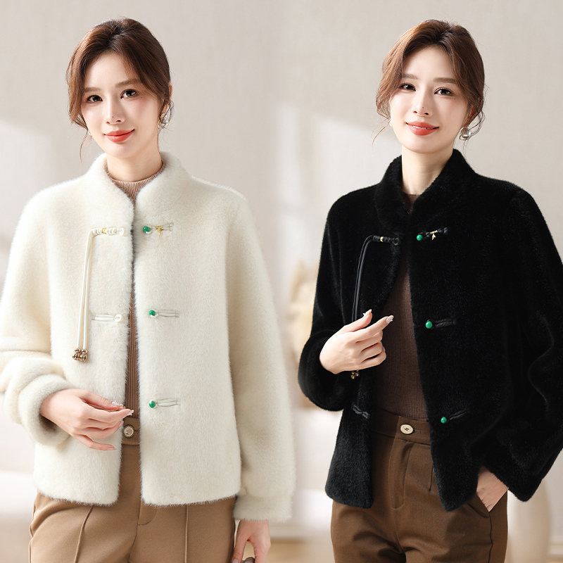 妈妈冬装国风中年外套时尚洋气中老年女秋冬气质仿水貂绒毛呢上衣