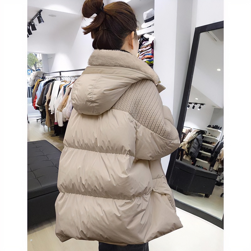 冬季断码欧货杏色毛领羽绒棉服女宽松中长款棉袄外套2023新款加厚