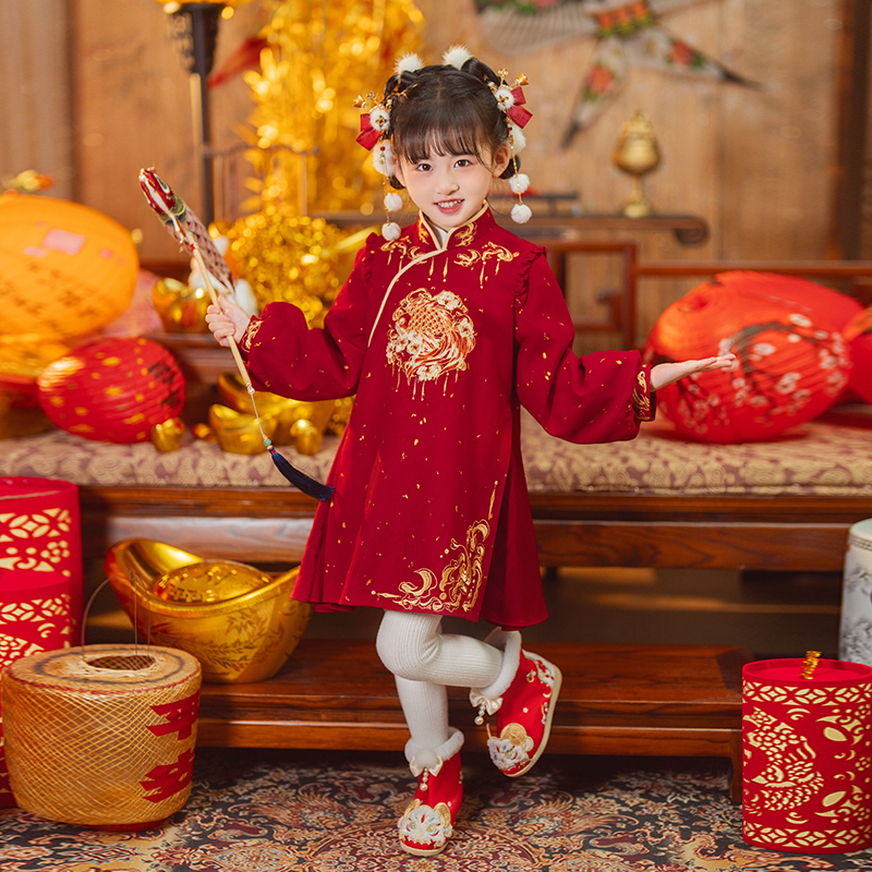 西子问女童汉服【祝鱼】冬季新品拜年服改良连衣裙