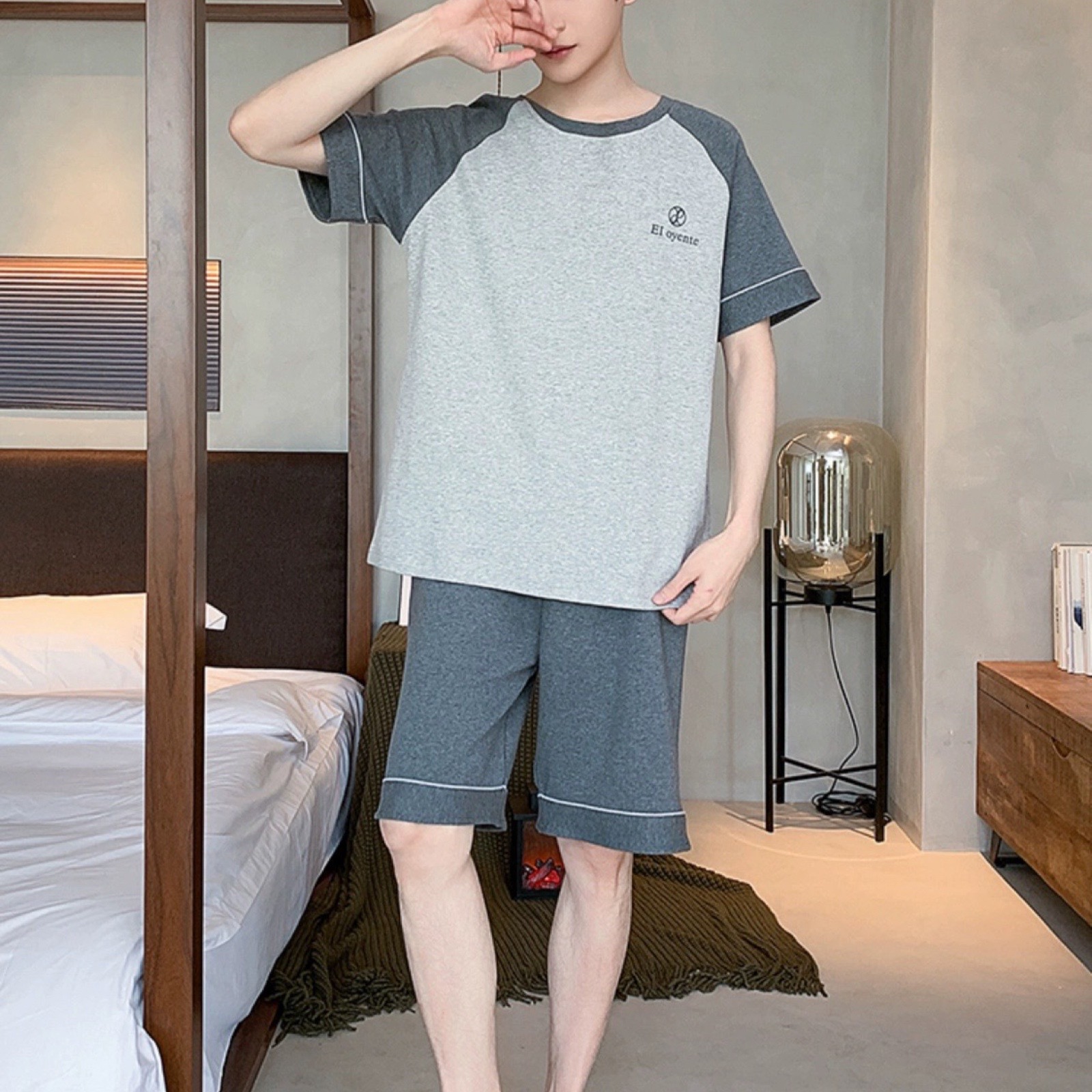 新款睡衣男夏季纯棉薄款休闲韩版设计感短袖短裤套装（EO男主角）