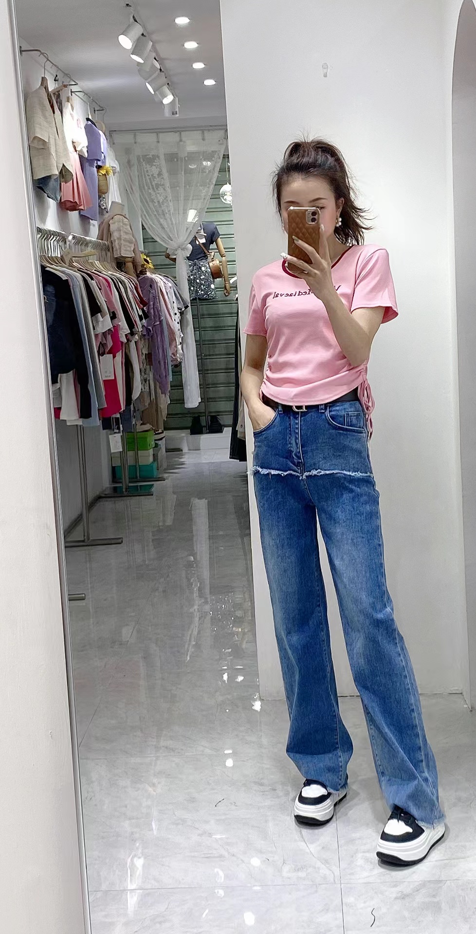 垂感高腰阔腿牛仔裤女2023新款春秋直筒宽松毛边假两件拖地裤长裤