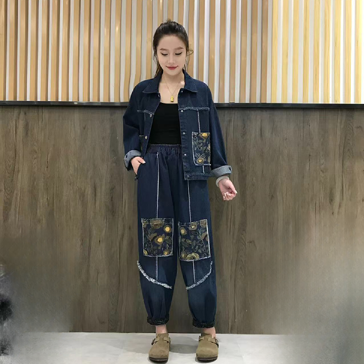 复古宽松牛仔套装休闲时尚百搭显瘦水洗拼接重工复古套装