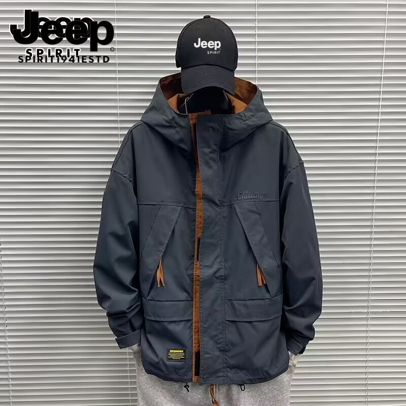 JEEP吉普休闲运动夹克男秋季新款潮牌宽松冲锋衣工装防风连帽百搭