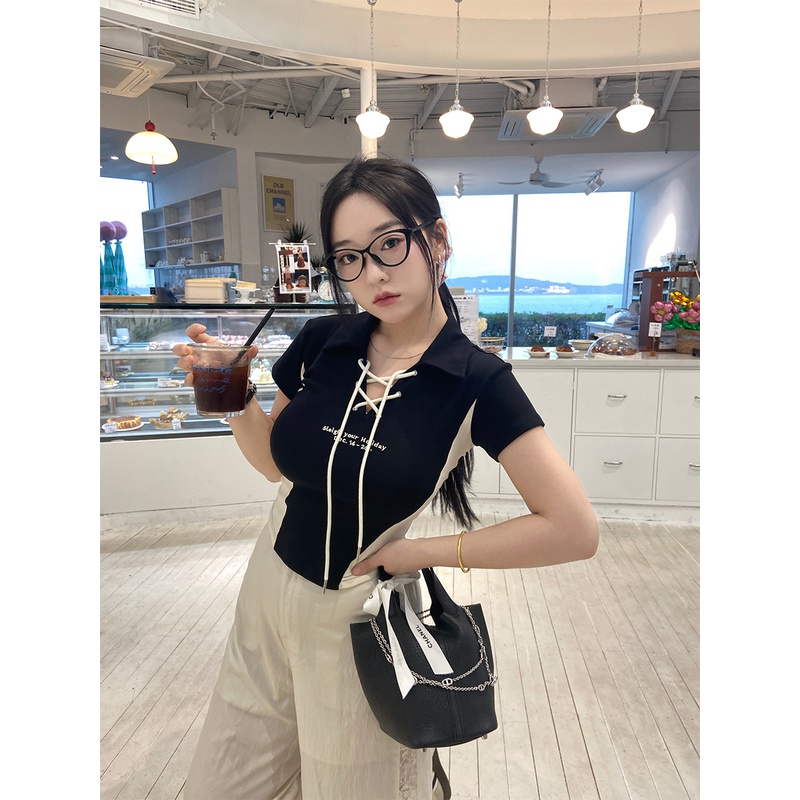 肉装小cherry 松弛漫旅 微胖撞色绣花系带设计感短袖针织上衣两色