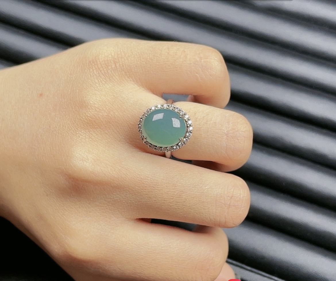 翡翠蓝冰鸽子蛋戒指尺寸14女士复古