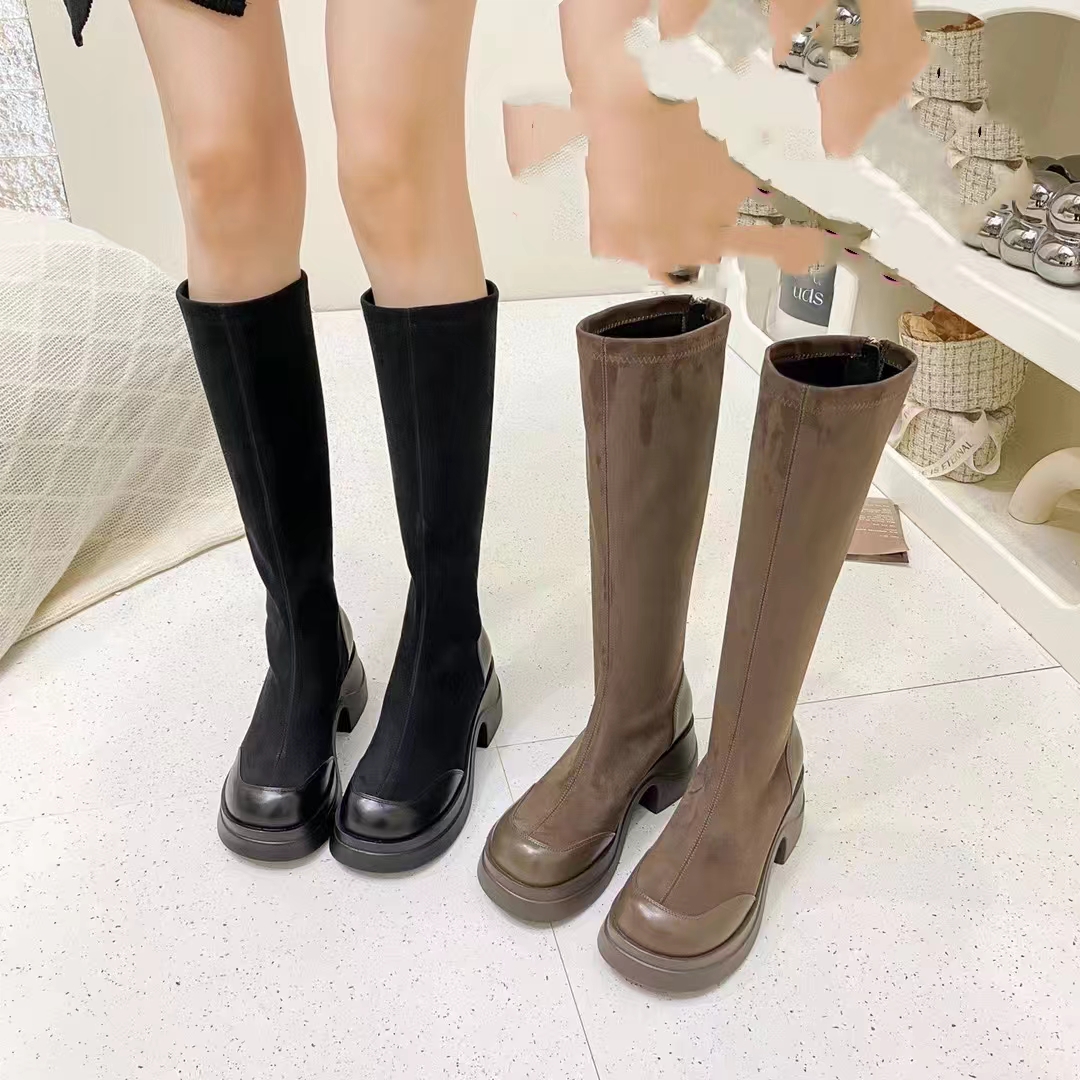 专柜正品887762欧洲站秋冬厚底绒面高筒瘦瘦靴骑士靴弹力靴马丁靴