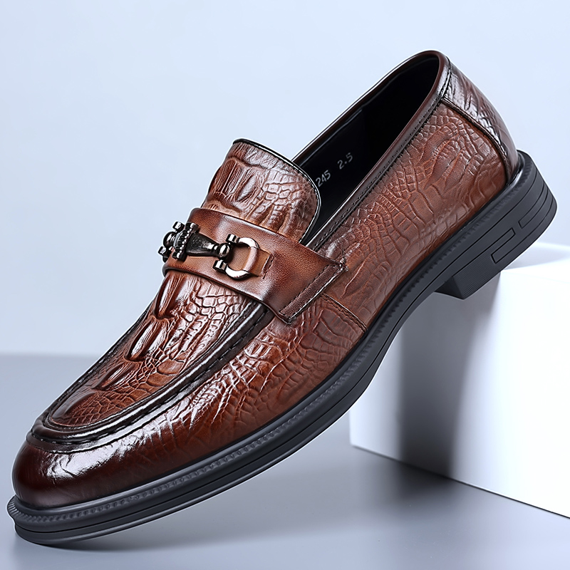 新款头层牛皮鳄鱼纹透气商务休闲时尚软底百搭轻便真皮男士皮鞋
