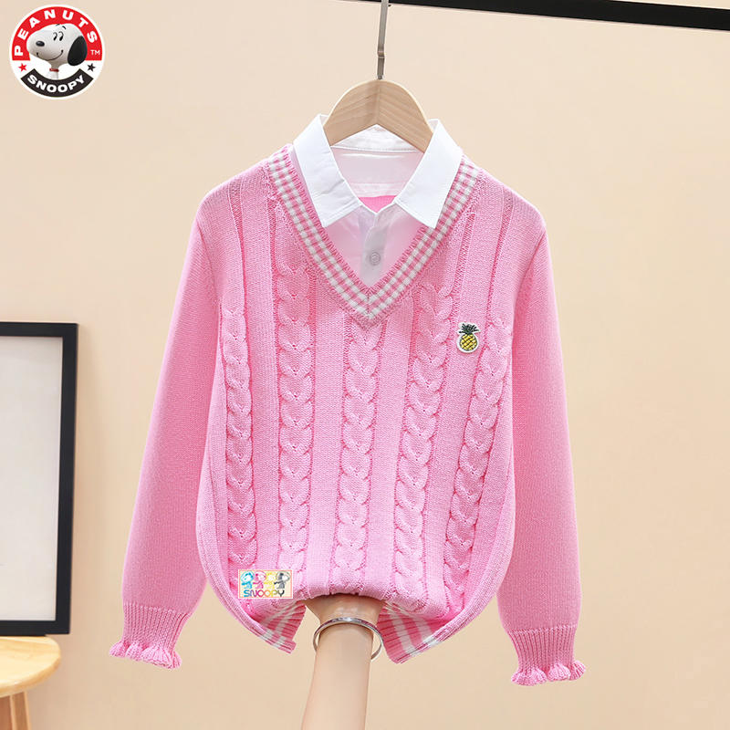 Snoopy/史努比女童麻花假两件2024春秋新款女童长袖打底衫纯棉潮
