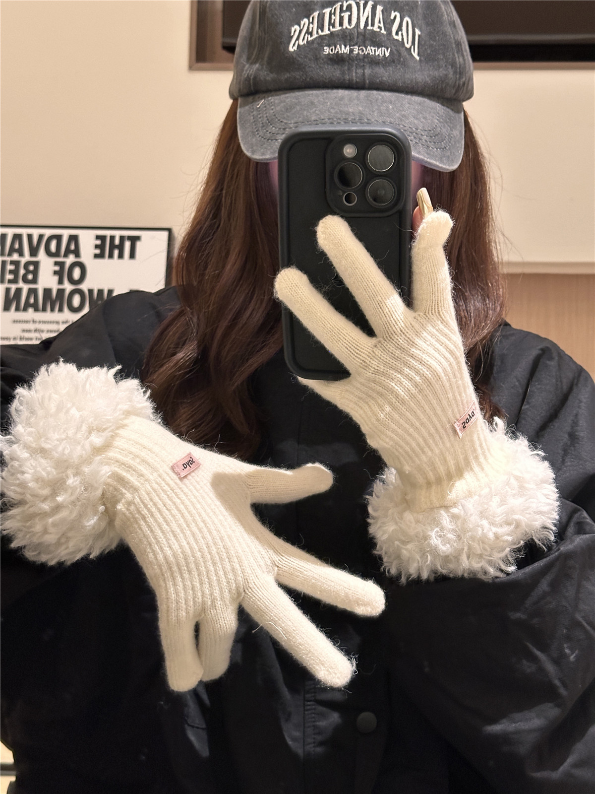 毛毛边手套女冬季2023新款韩版加厚保暖毛线针织分指手套可触屏潮