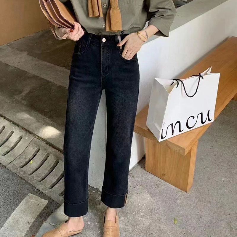 CCZ秋冬休闲时尚百搭显瘦磨毛高腰九分烟管直筒牛仔裤           