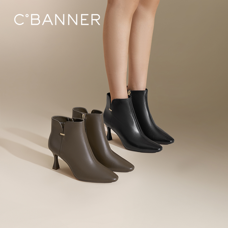 【静音系列】千百度高跟羊皮时装靴冬季新款尖头短靴A24577241