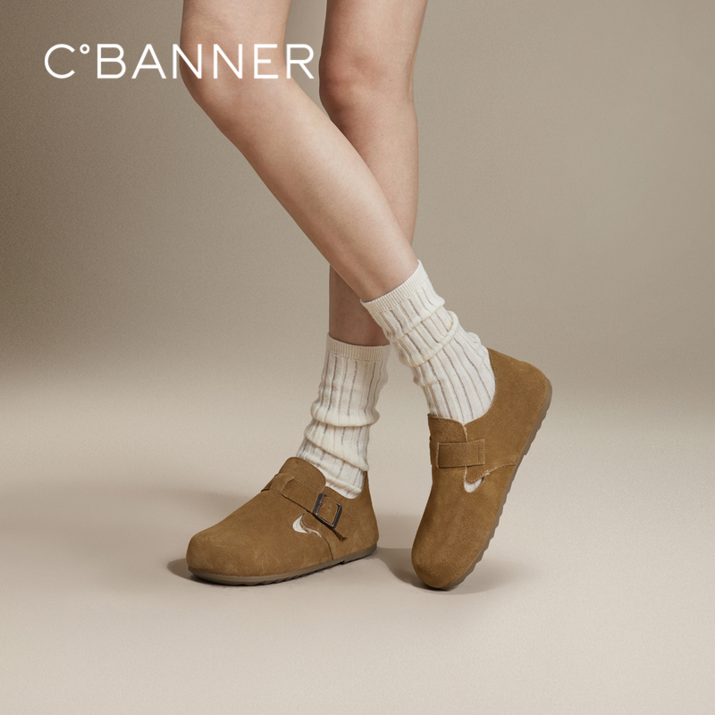 千百度24年冬季新品软底加绒防滑秋冬圆头平底勃肯鞋 A24637005