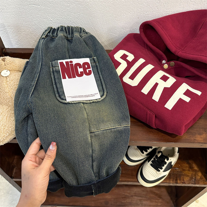 【小扬哥推荐】儿童牛仔裤2023秋冬新款洋气男女童韩版贴标休闲裤