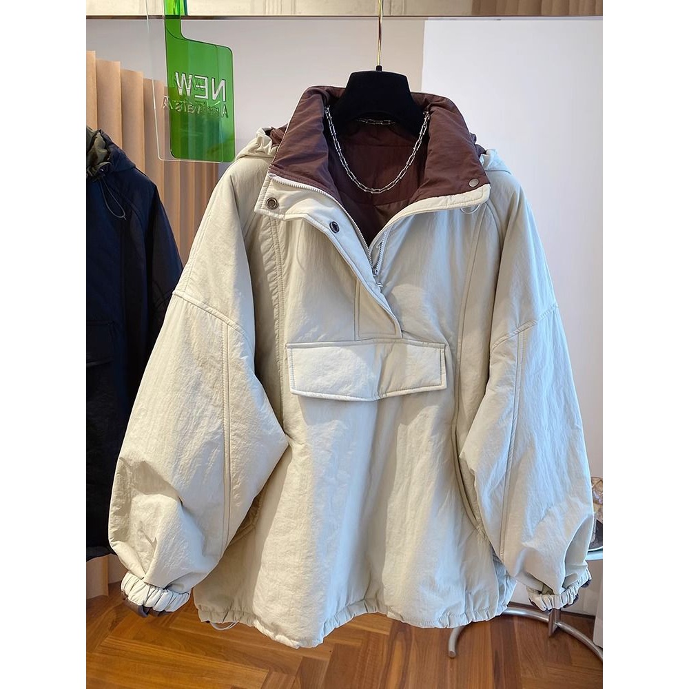 欧货设计感宽松休闲大版连帽套头棉服女冬洋气卫衣式夹棉二棉外套