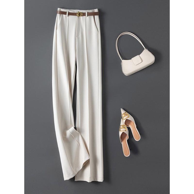 米色窄版直筒裤女2023冬季新款高腰垂感休闲中缝西装阔腿长裤腰带