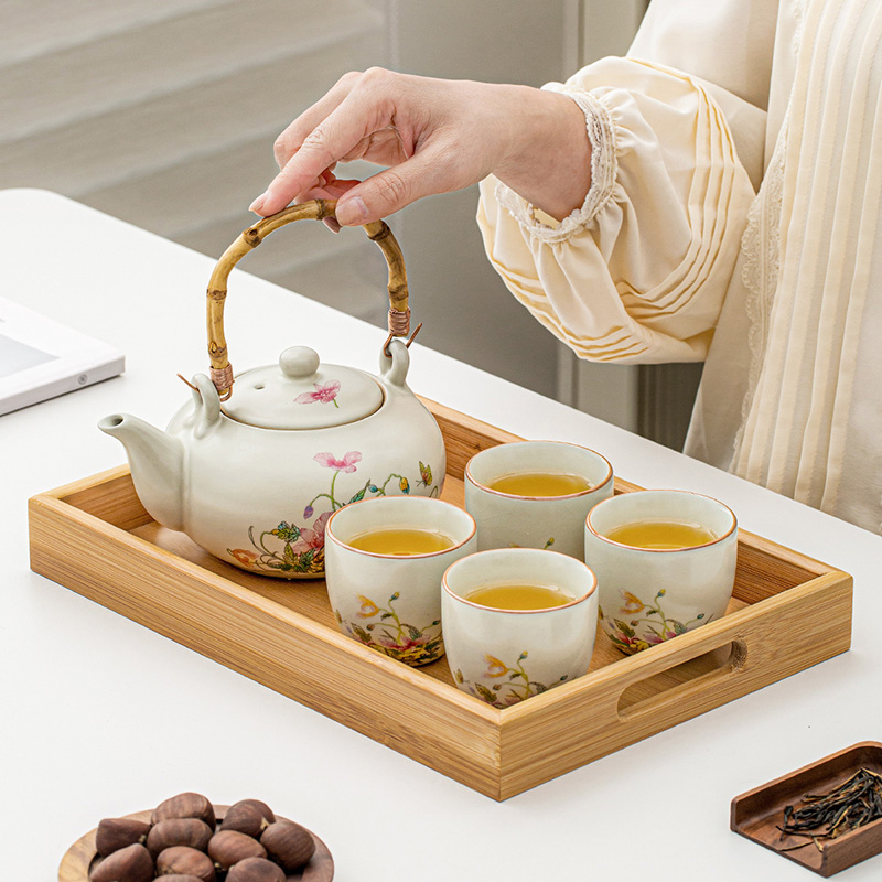 黄汝窑虞美人功夫茶具套装家用中式大容量提梁泡茶壶茶杯2024新款