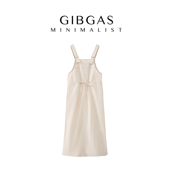 【吉卡思】抽绳设计白色背带夏季宽松时尚连衣裙显瘦气质百搭长裙