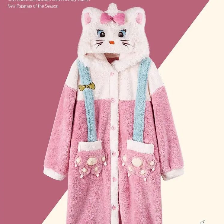 秋冬季珊瑚绒睡衣少女玛丽猫睡袍套装中长款甜美卡通可爱外穿加厚