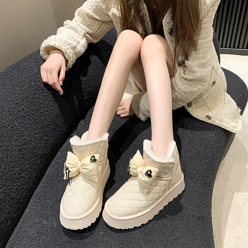 回力瑞蝴蝶结雪地靴女款冬季2023年新款厚底防水防滑一脚蹬加绒棉