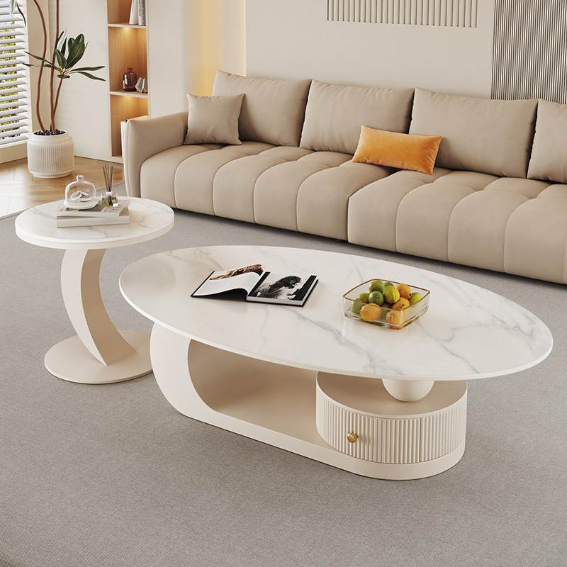 升级加厚岩板奶油风椭圆形茶几小户型法式轻奢现代高级感边几组合
