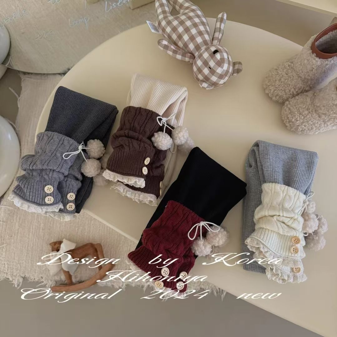 秋冬季新款宝宝蝴蝶结针织裤子女童打底裤外穿拼接堆堆裤加绒保暖