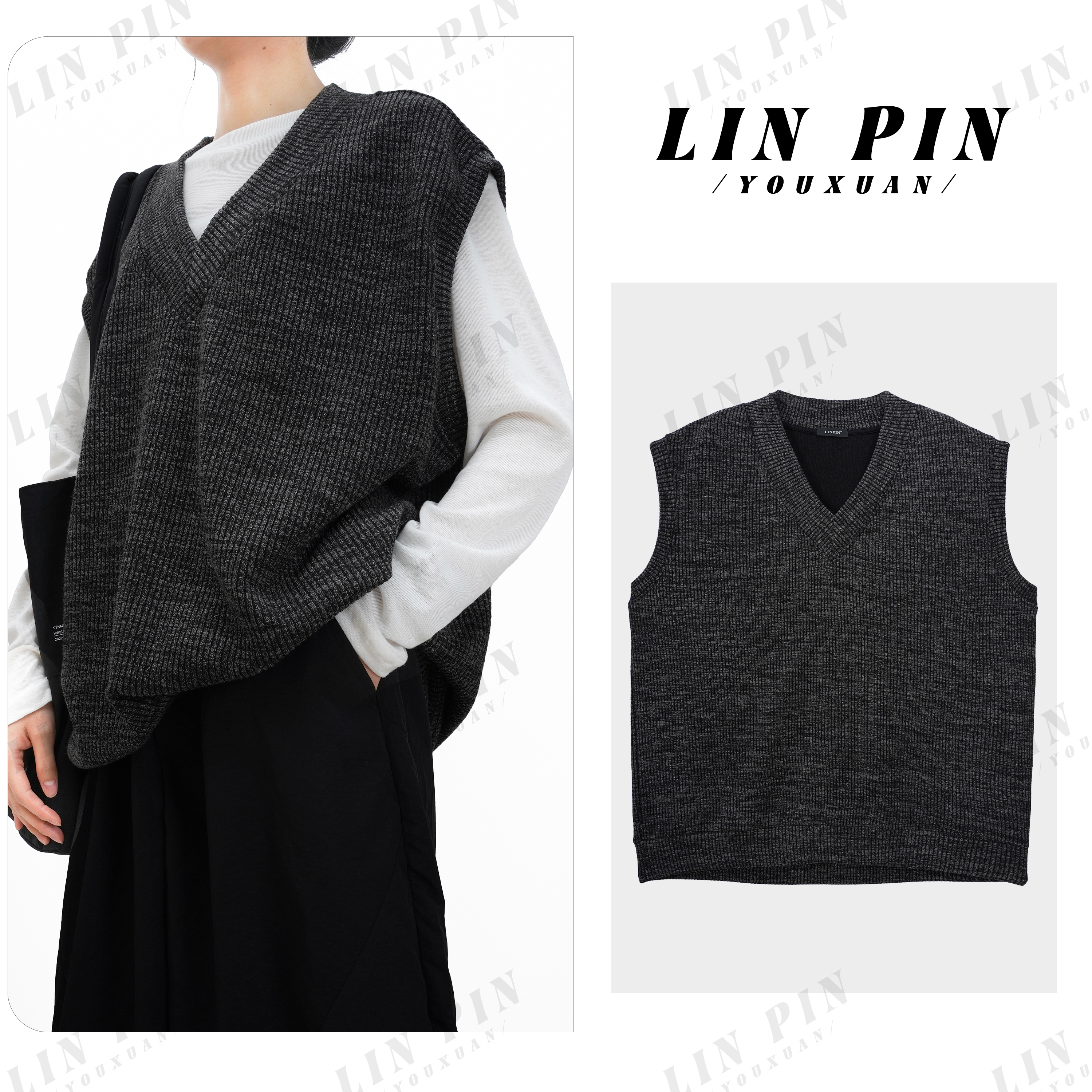 日系简约纯色针织背心毛衣针织衫时尚春秋马甲坎肩无袖上衣-L0143
