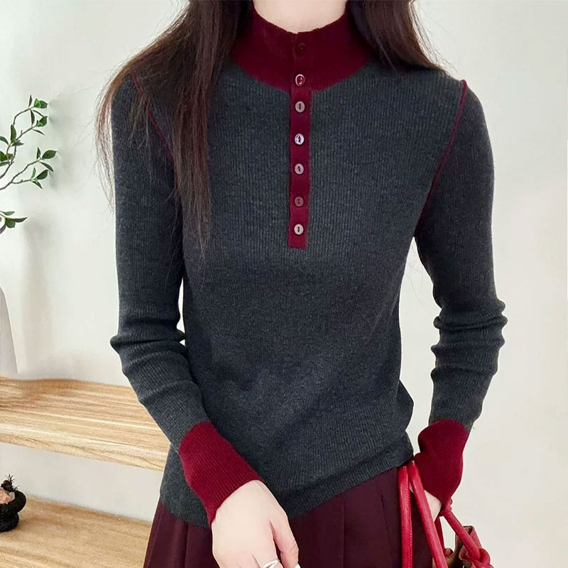 高级感半高圆领修身拼色纽扣套头针织羊毛衫女长袖2025秋冬修身潮