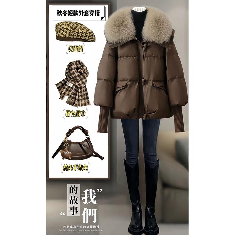 美拉德穿搭大毛领棉服女士秋冬韩版中长款牛角扣加厚保暖棉衣外套