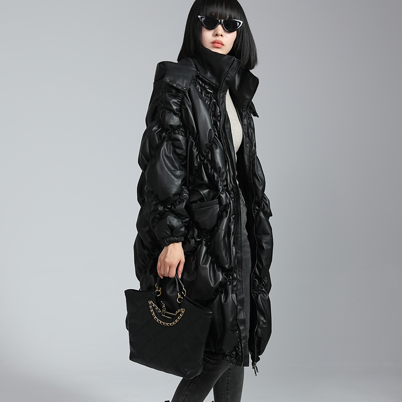 真皮阔型大鹅羽绒长款女士外套真皮皮衣脱卸帽款立领风衣百搭外套