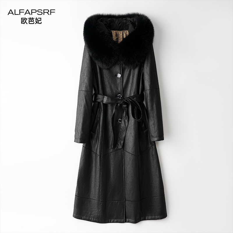 ALFAPSRF/歐芭妃23582狐狸毛领连帽兔皮毛一体外套女海宁皮草中长