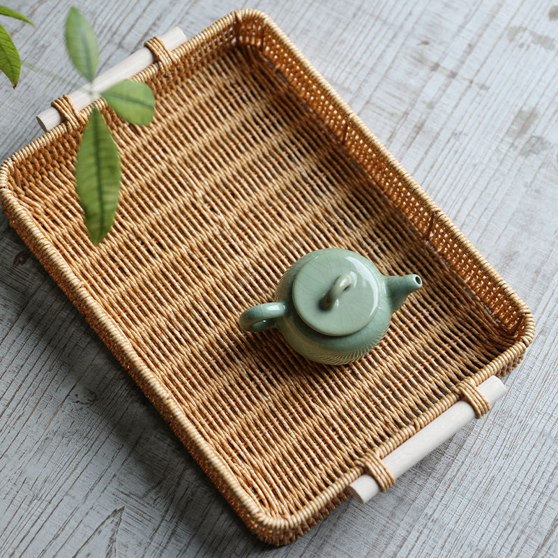 浦澜手工仿藤编织收纳篮 茶具托盘 桌面零食遥控器储物筐茶盘