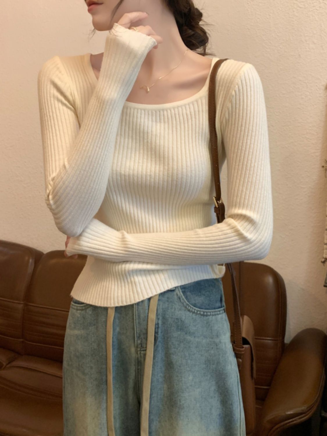 加厚方领针织打底衫女装修身慵懒风毛衣秋冬内搭长袖白色上衣显瘦