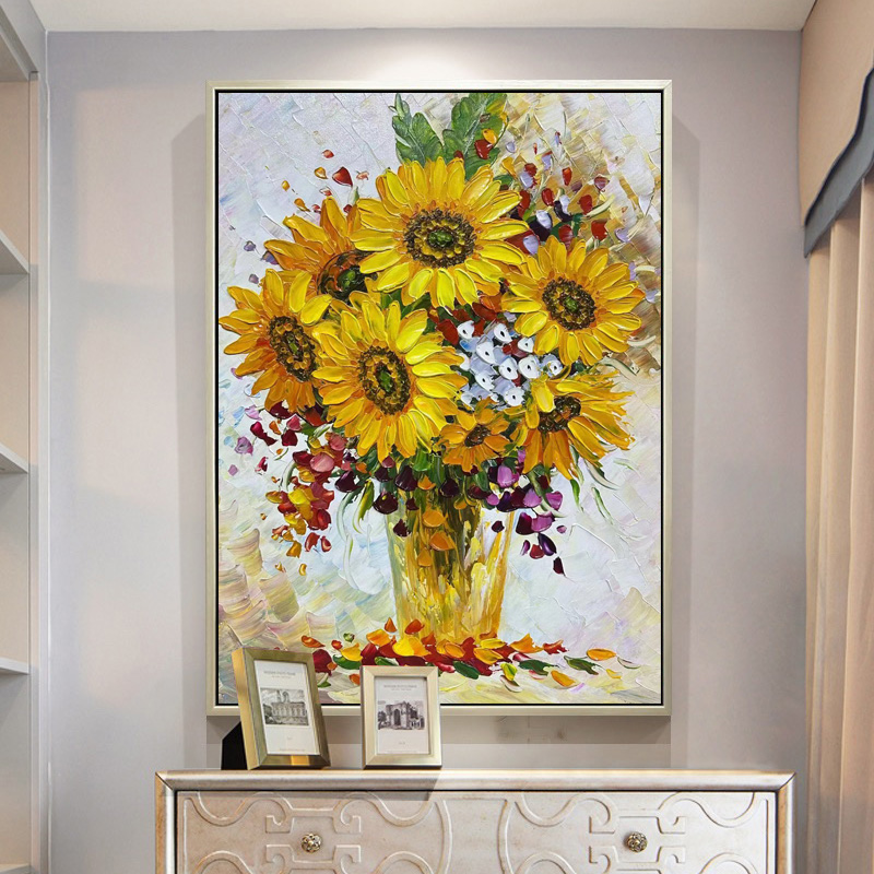 向日葵手绘油画玄关装饰画欧式花卉竖款挂画肌理画壁画餐厅大芬村