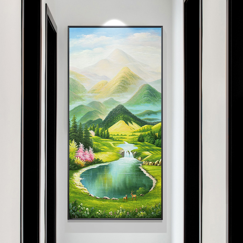 巨人山聚宝盆手绘油画风景美式轻奢玄关装饰画竖版大芬油画村定制