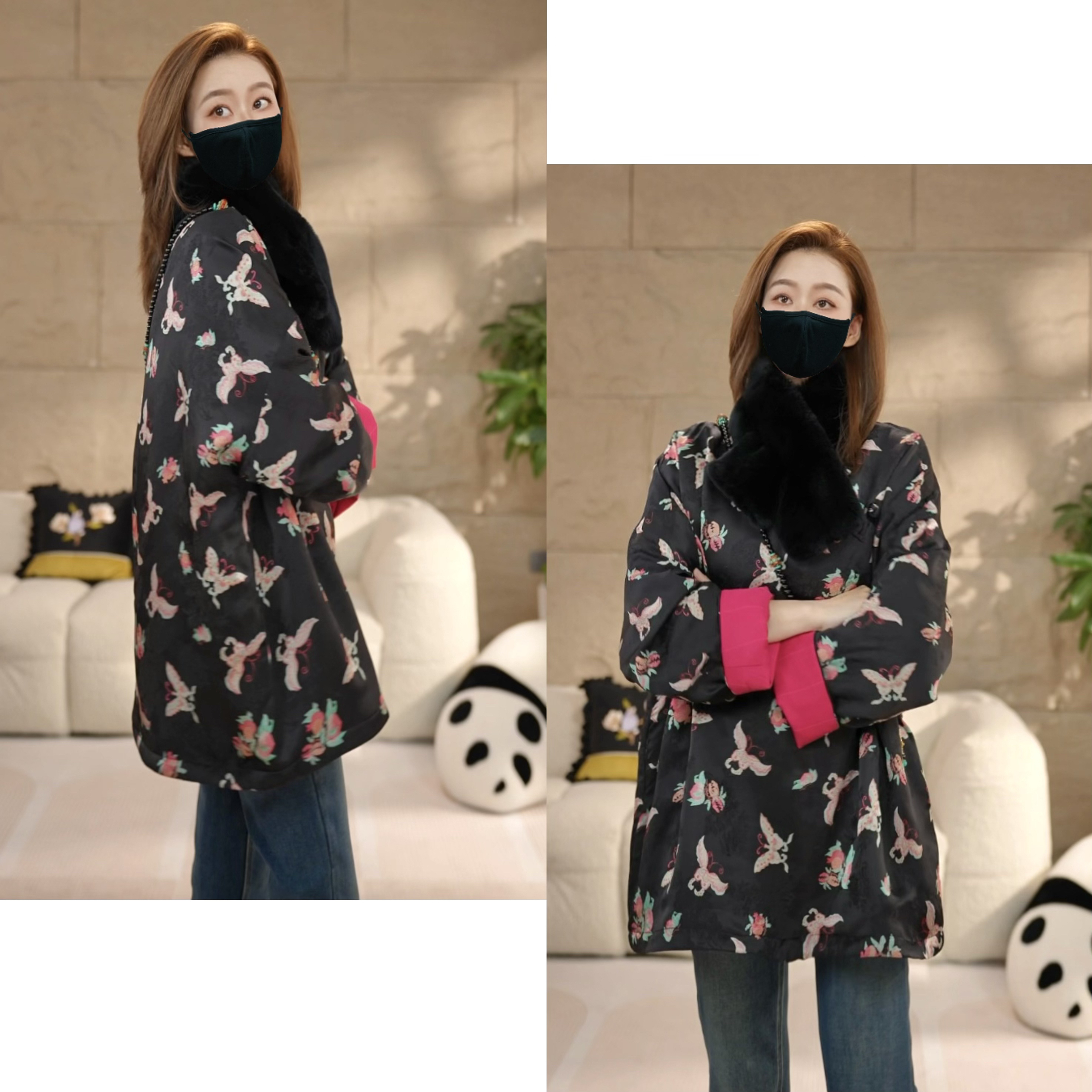 Miss.Z【粉蝴蝶】中式侧门襟圆领阔版夹棉外套#w1970春游出行衣服