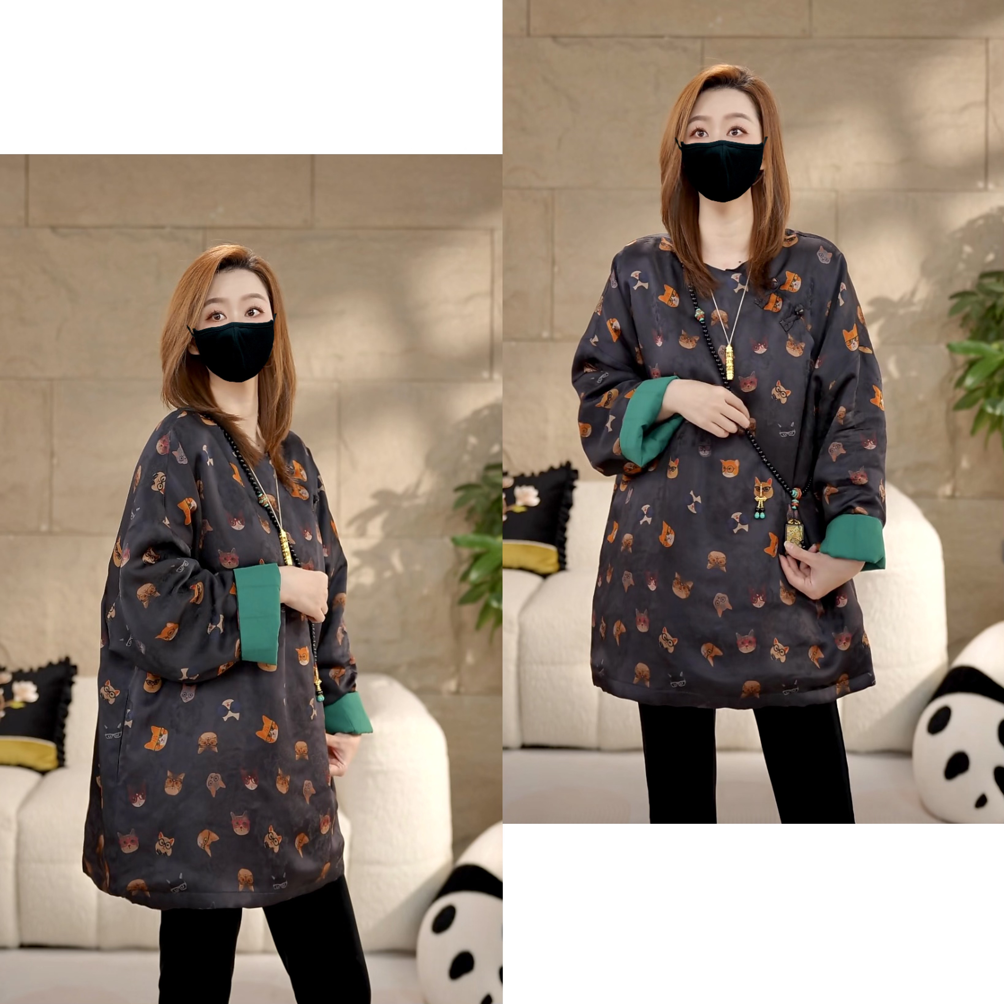 Miss.Z【中式侧门襟猫咪】圆领阔版夹棉外套#w1846