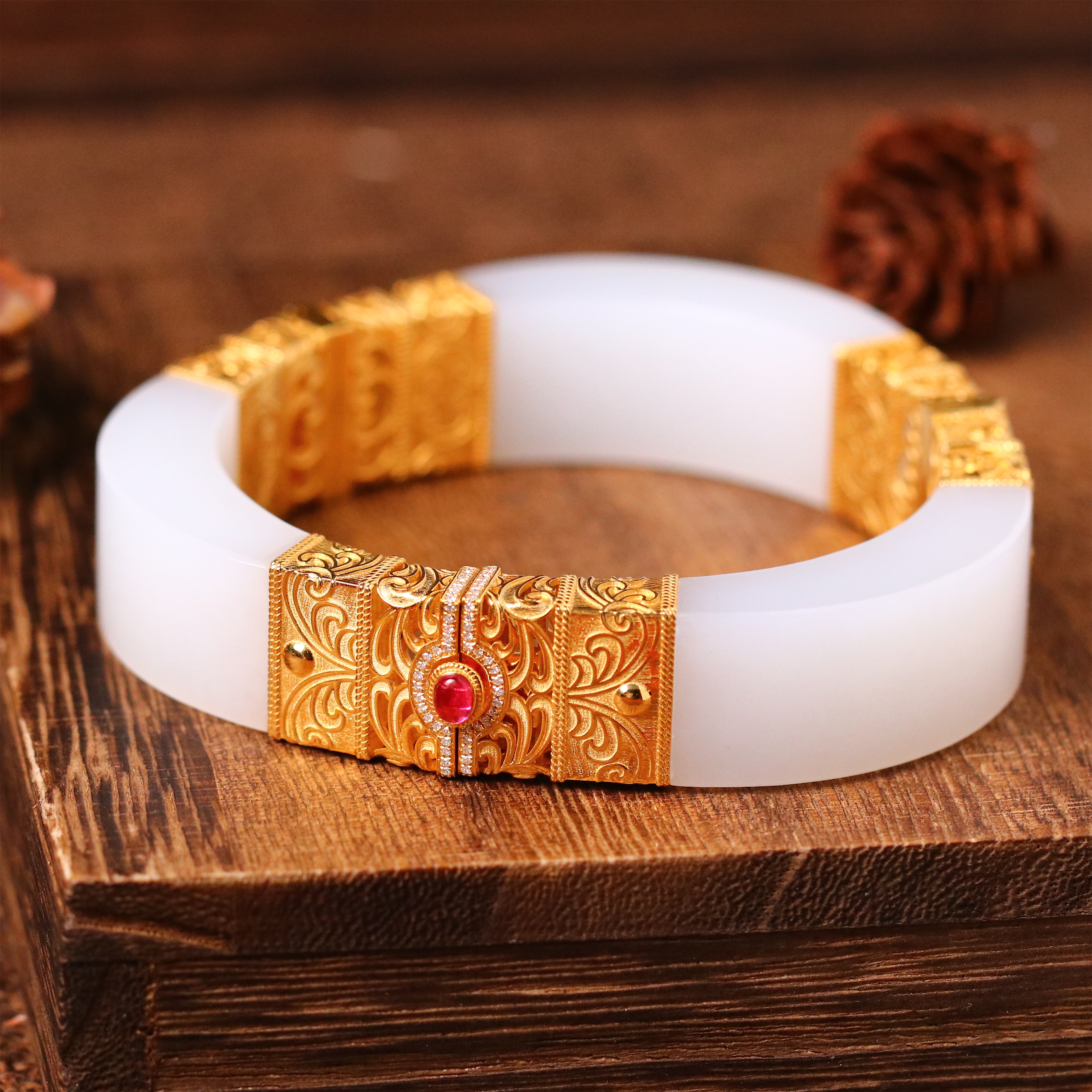 【泓贝珠宝-K191】18k金和田玉羊脂白玉设计款手镯开口款多样性发货